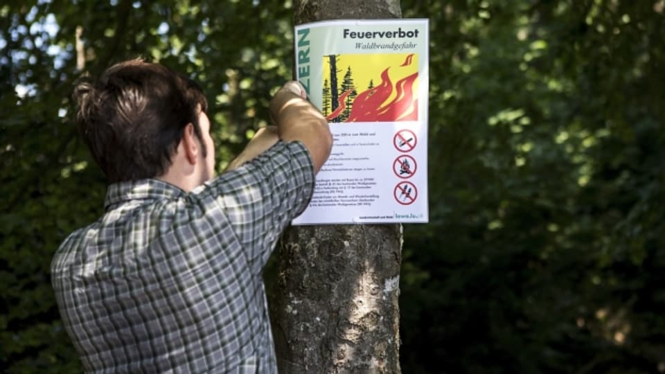 Feuerverbot: Revierförster Christoph Hitz bringt im Wald von Greppen (LU) Warnschilder an.