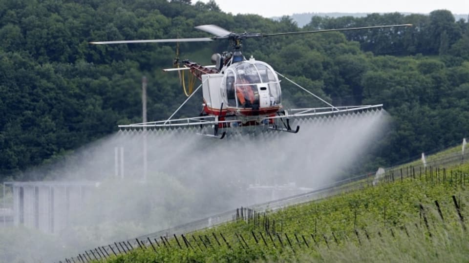 Schädlingsbekämpfung per Helikopter: Pestizide sollen in der Schweizer Landwirtschaft verboten werden, fordert eine neue Agrar-Initiative.