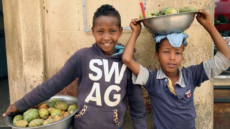 Kinder verkaufen in den Straßen von Asmara, Eritrea, Obst.