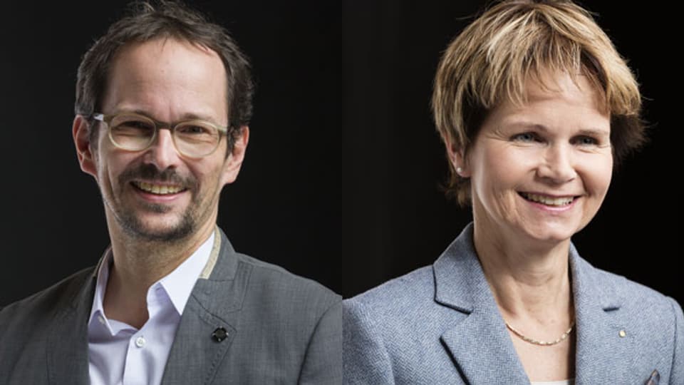 Balthasar Glättli, Nationalrat GP-ZH, und Brigitte Häberli-Koller, Ständerätin der CVP des Kantons Thurgau in der Abstimmungskontroverse.