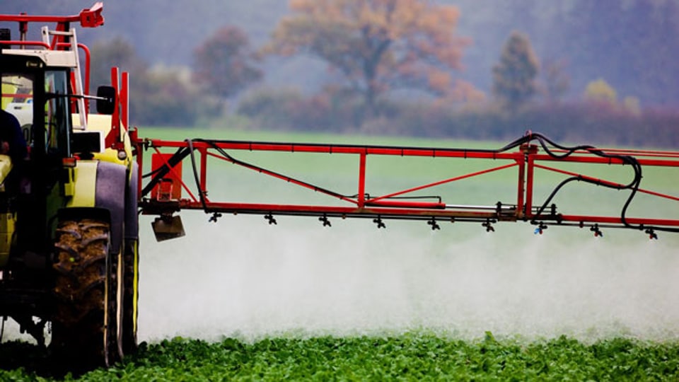 Symbolbild. Ein Traktor verspritzt auf einem Feld Pestizide.