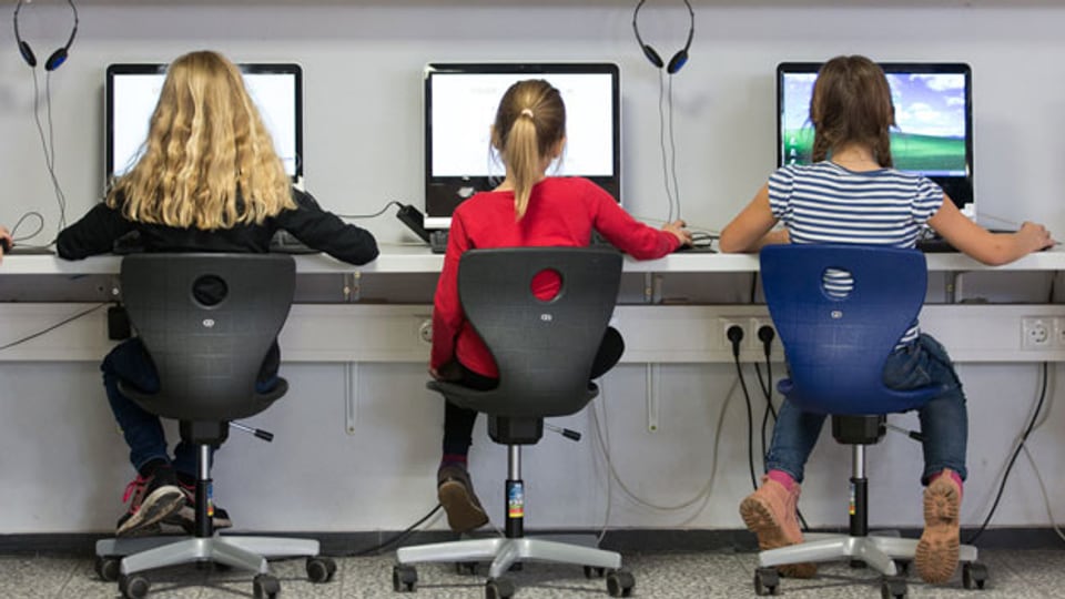 Symbolbild. Schüler einer Grundschule sitzen vor ihren Computern im Schulzimmer.