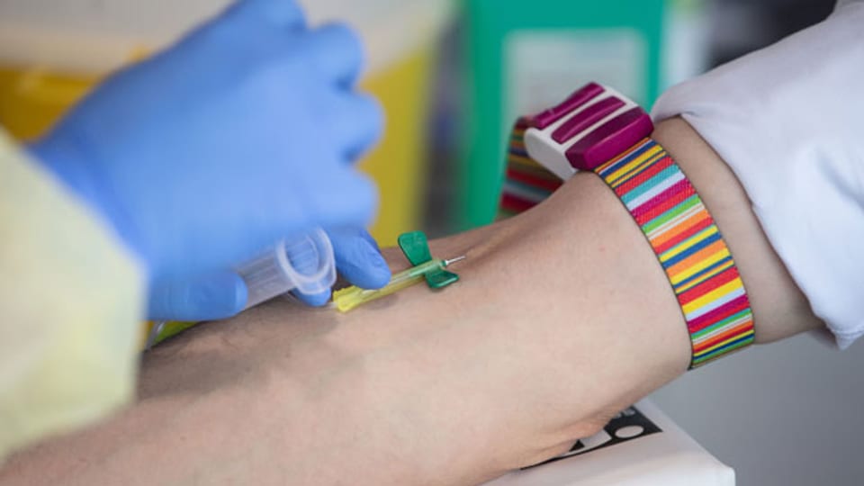 Symbolbild. Einem Patienten wird zu Testzwecken eine Blutprobe entnommen.