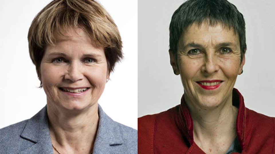 Die Mitte-Ständerätin Brigitte Häberli-Koller (li.) aus dem Kanton Thurgau und die SP-Nationalrätin Barbara Gysi (re.) aus dem Kanton St. Gallen diskutieren über die AHV-Reform.