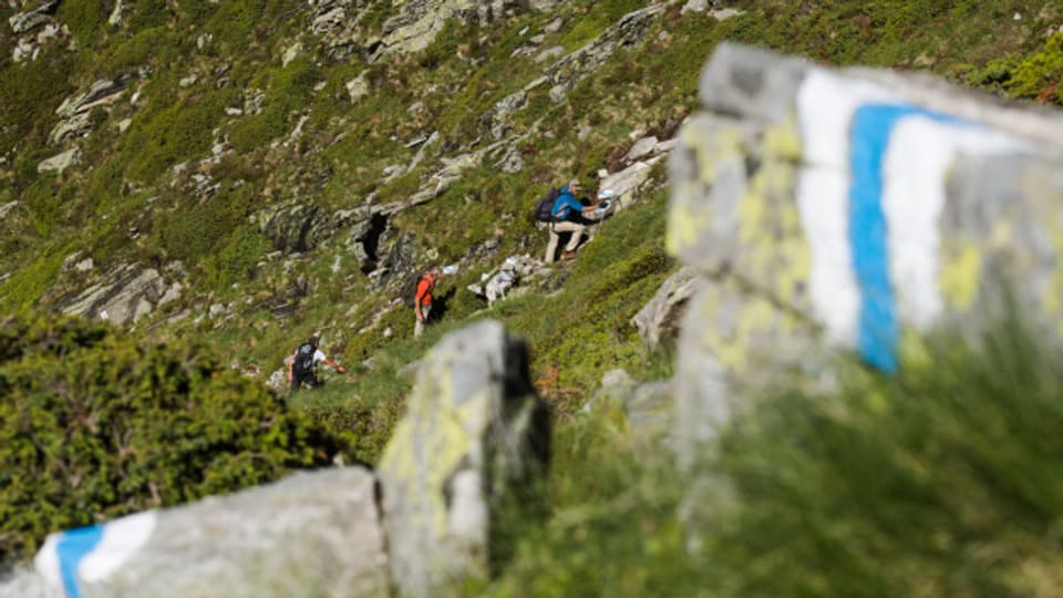 Auf dem Bild ist der Höhenweg “Via Alta Vallemaggia» zwischen der Capanna Alpe Nimi und dem Rifugio Alpe Masnee oberhalb von Maggia. Die anspruchsvolle Alpinwanderung führt in total 19 Etappen auf 200 km entlang der Bergketten der Vallemaggia, die das Valle Maggia vom Verzascatal trennen. Eine Gruppe von Freiwilligen stellt die Wege instand und erneuert die Markierungen sowie die Sicherheitseinrichtungen.
