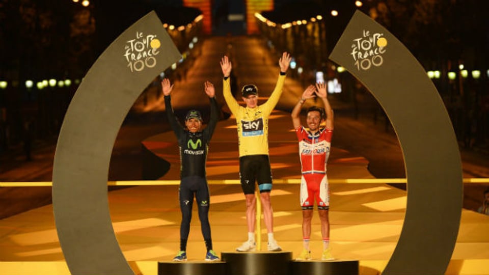 Siegerpodest an der Tour de France mit Gesamtsieger Chris Froome (Mitte).