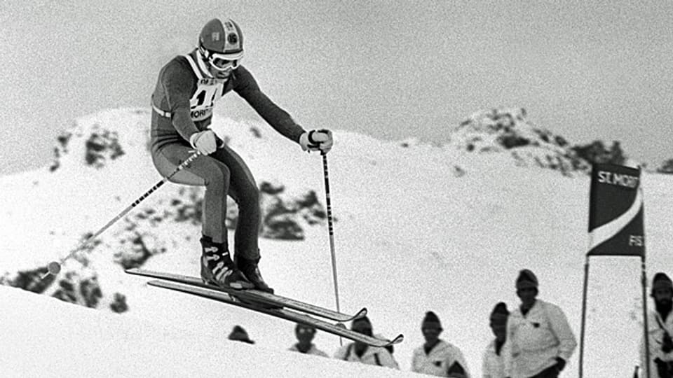 Bernhard Russi auf der Abfahrt in St. Moritz, am 9. Februar 1974.
