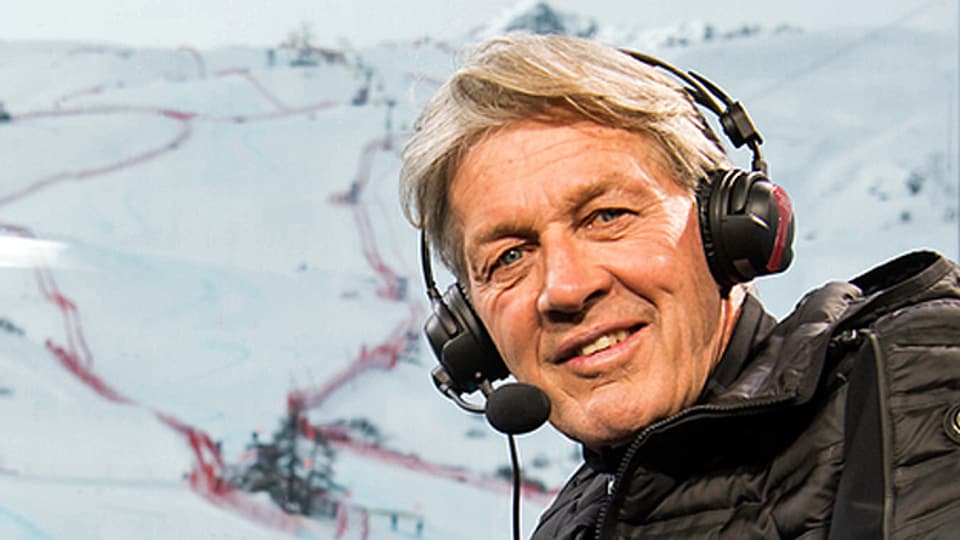 Bernhard Russi in der Kommentatoren-Kabine an der alpinen Ski-WM in St. Moritz.