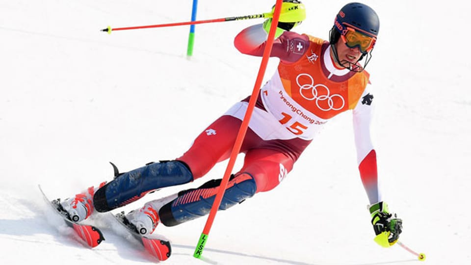 Ramon Zenhäusern im zweiten Lauf des olympischen Slalomrennens in Pyeongchang.