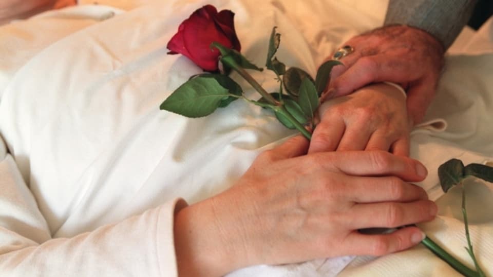 Eine Patientin im Spital hält eine Rose in der Hand, ein Angehöriger hält Ihre Hand.