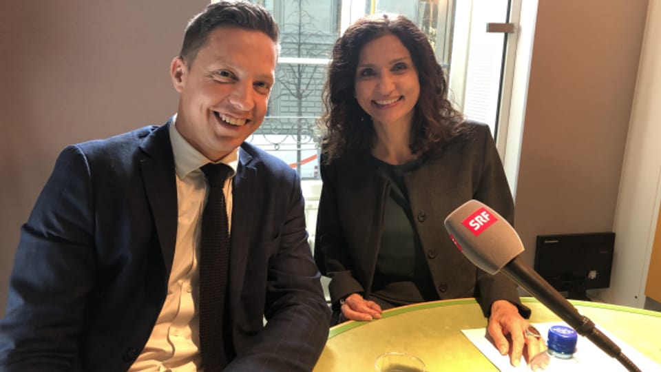 Christian Imark (SVP/SO) und Gabriela Suter (SP/AG) diskutieren im SRF-Studio über die «Gletscher-Initiative».