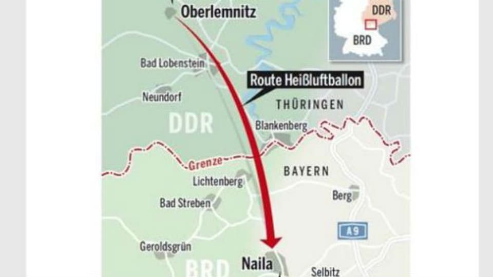 Route der Ballonflucht aus der DDR.