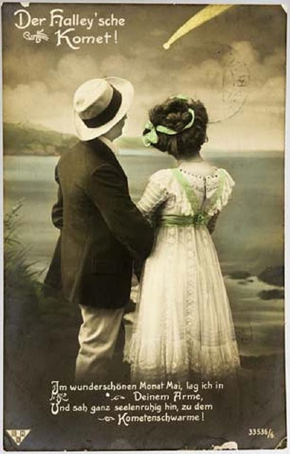 Eine Postkarte aus dem Jahr 1910, die den Kometen Halley zeigt.