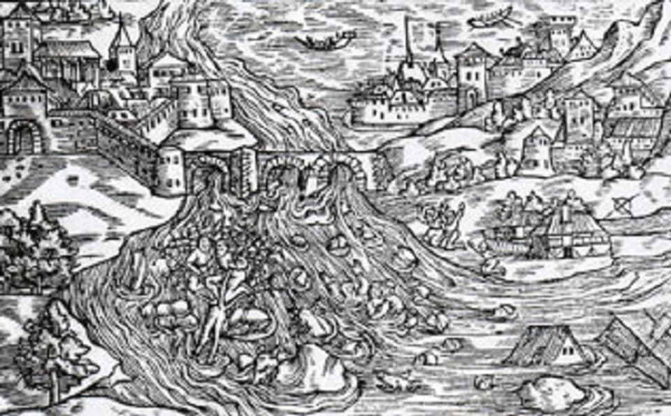 Eine Xilographie aus dem Jahr 1548 zeigt, wie Bellinzona nach dem Dammbruch von 1515 überflutet wird.