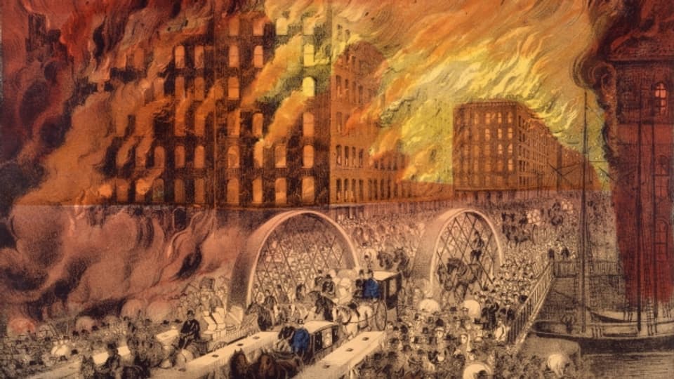 Menschen verlassen das brennende Chicago im Oktober 1871. Illustration von Currier & Ives.