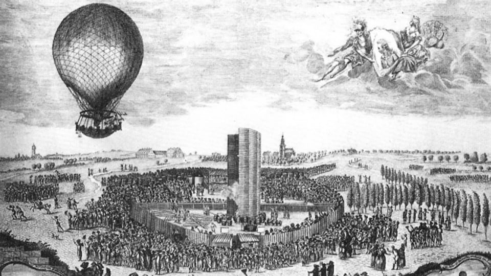 Dieser zeitgenössische Stich zeigt Jean-Pierre Blanchard bei einer Ballonfahrt an der Frankfurter Herbstmesse 1785.