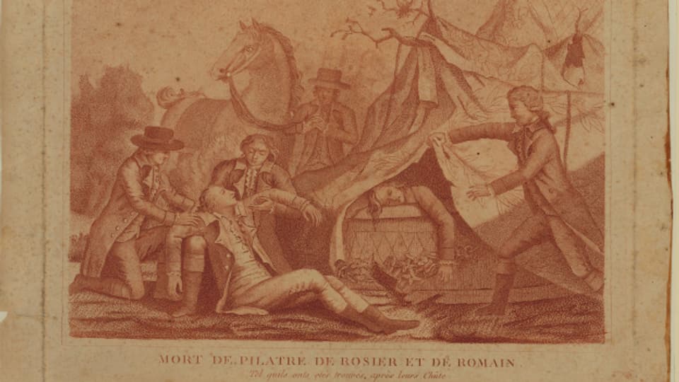 Zeitgenössische Darstellung des Todes von J-F.Pilâtre de Rozier, Um 1785, U.S. Library of Congress