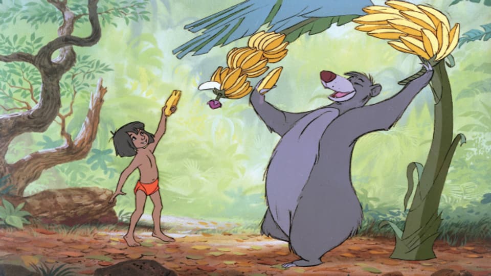 Ein Ausschnitt aus dem Disneyfilm «Dschungelbuch» der Mogli und den Bären Balu zeigt.
