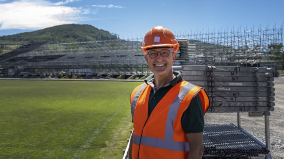 Thomas Weber, Regierungsrat des Kantons Basel-Landschaft und OK-Präsident des ESAF, auf der Baustelle für das Festgelände in Pratteln. (Bild vom 13. Juli 2022).
