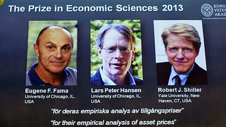 Der Wirtschafts-Nobelpreis 2013 geht an drei US-Ökonomen: Eugene F. Fama, Lars Peter Hansen und Robert J. Shiller.