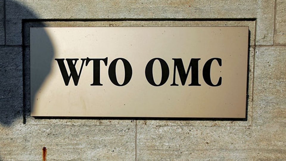 Logo der WTO am Hauptsitz in Genf.