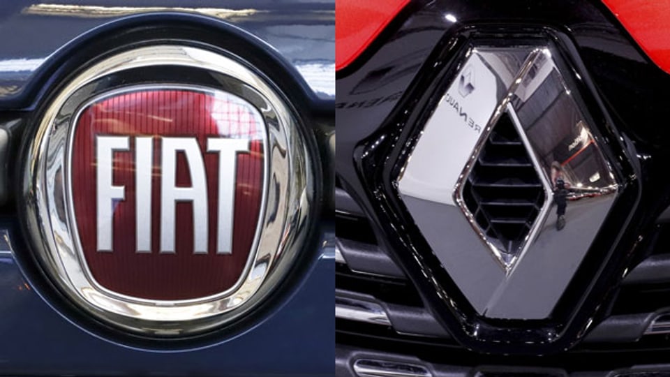 Die Logos von Fiat-Chrysler (li.) und Renault. Bildmontage.