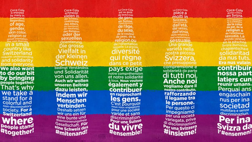 Text auf der Website von Coca-Cola Schweiz: Gleichberechtigung, Vielfalt und Toleranz: Coca-Cola Schweiz bekennt Farbe für eine bunte und diskriminierungsfreie Schweiz.