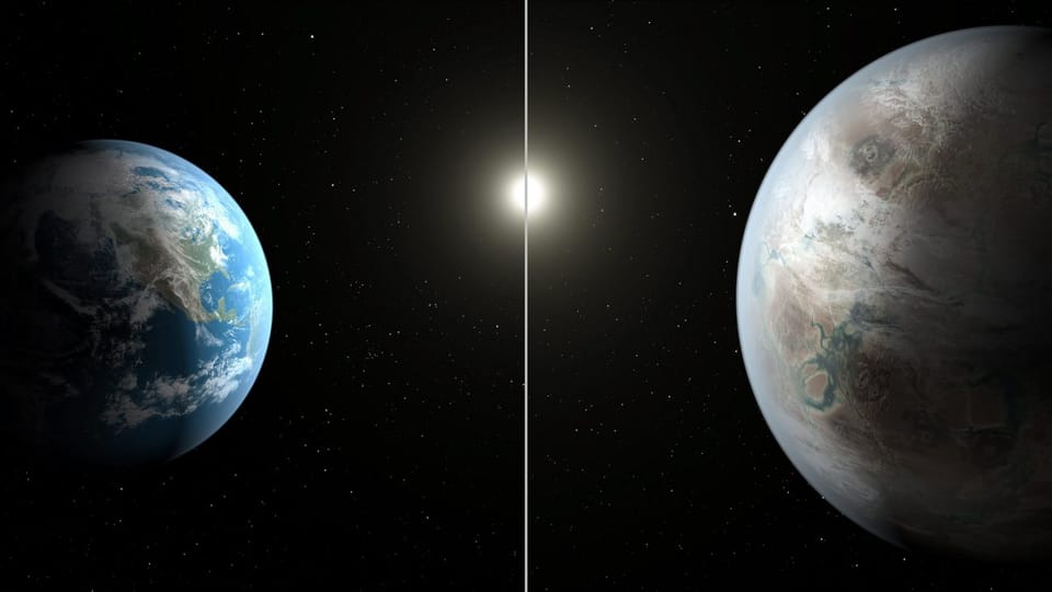 Neu entdeckter Planet Kepler-452b (rechts) im Grössenvergleich mit der Erde