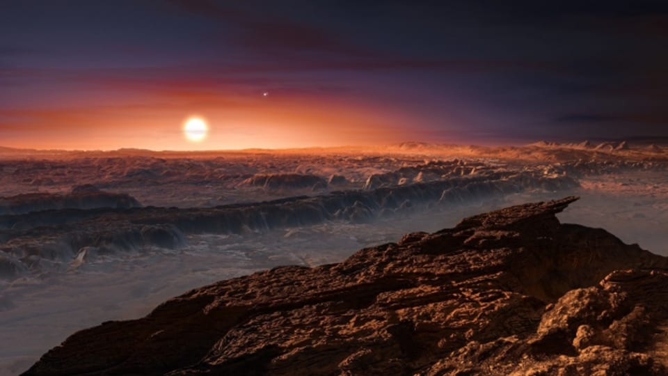 Ein Bild von der Oberfläche von Proxima B, am Horizont Proxima Centauri