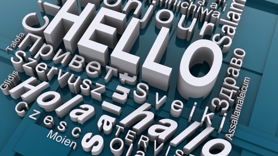 Grusswörter in unterschiedlichen Sprachen. Vom englischen «hello» stammt das deutsche «Hallo» ab.