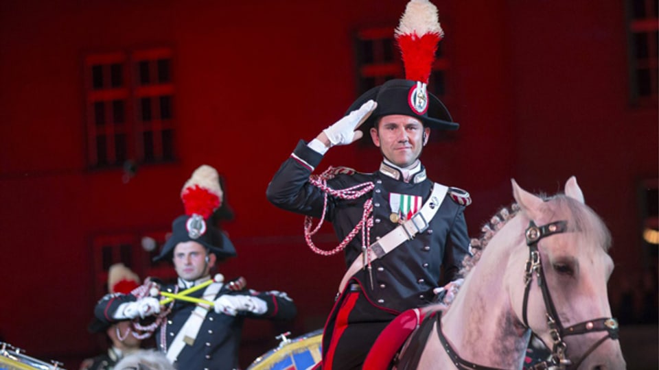 Mounted Fanfare Band of the Carabinieri, Italien, an der Hauptprobe zum Basel Tattoo 2013.