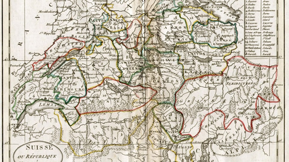 Die Helvetische Republik um 1798 auf einer antiken Karte.