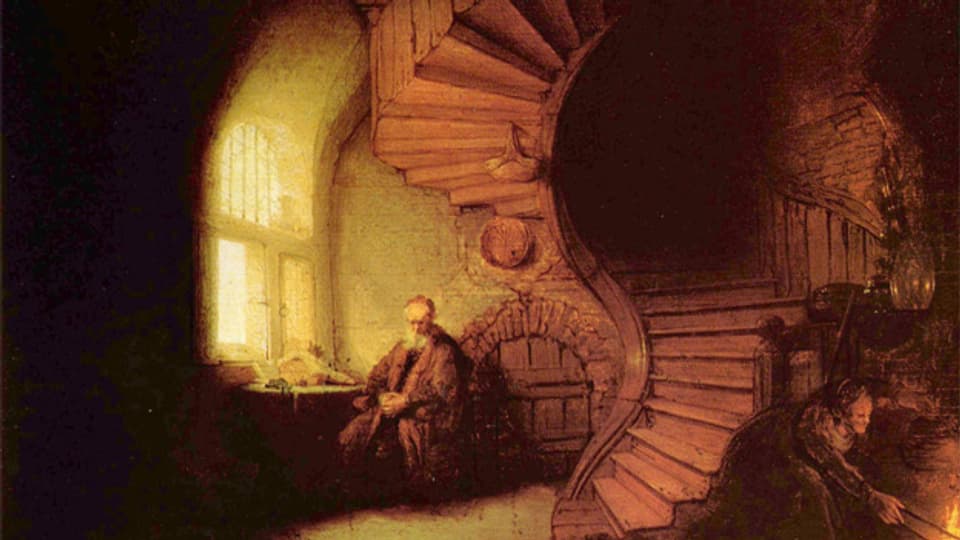 «Der Philosoph» (1633) von Rembrandt van Rijn als klischeehafte Darstellung eines Elfenbeinturms.