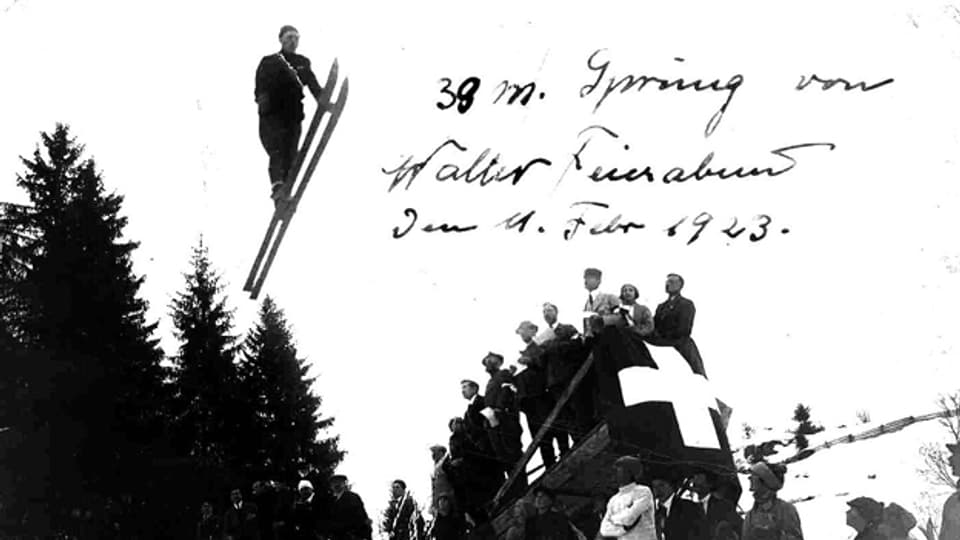 Zum Beitrag übers Skispringen anno dazumal hat uns Walter Feierabend ein Foto zugeschickt: Es zeigt seinen Vater, der am 11. Februar 1923 beim Skispringen in Engelberg eine Weite von 39 Metern erreicht hat.