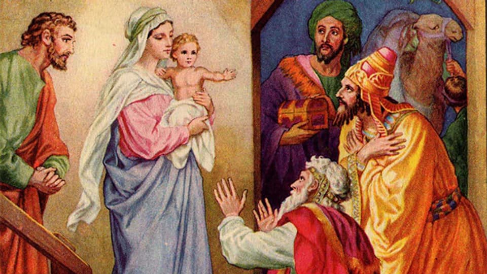 Die drei Könige überbringen dem Jesuskinder Gold, Weihrauch und Myrrhe.