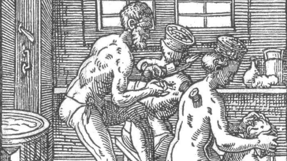 Im Badehaus behandelt der Bader die Badegäste, 1568.