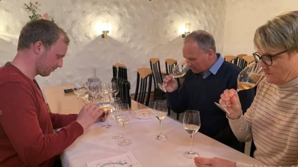 Christian Herzog, seine Frau Monika und sein Sohn Manuel setzen sich fachmännisch mit dem Wein auseinander.