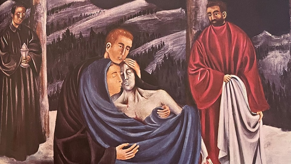 Ein gemaltes Bild von Maria, die den toten Leib Christi in den Armen hält.