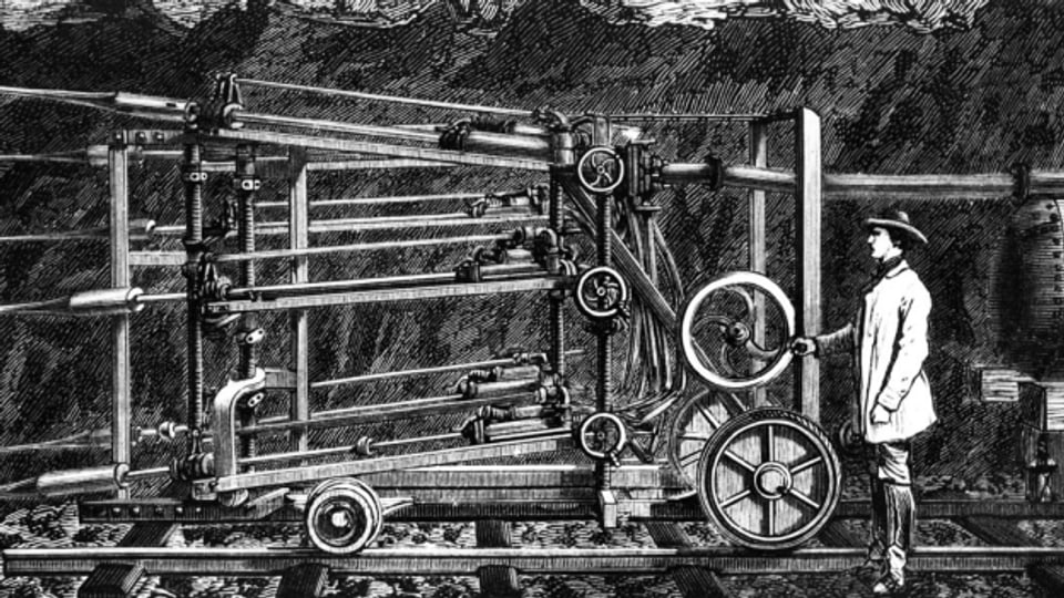 Bohrmaschine beim Tunnelbau des Gotthard-Eisenbahntunnels in den 1870er-Jahren, nach einem undatierten Stich. Die Bauarbeiten dauerten von 1872 bis 1880.