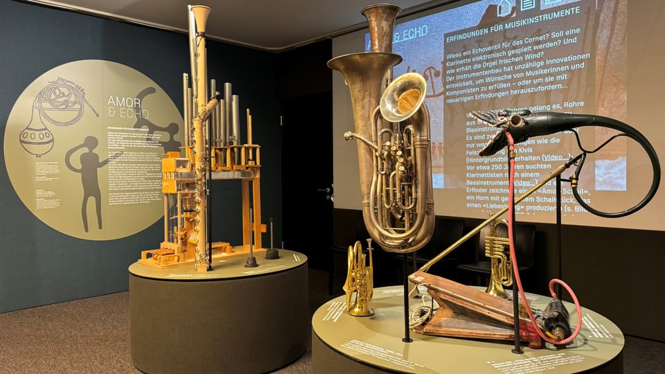 Das Klingende Museum Bern zeigt viele Raritäten: Der «Amor-Schall» (links auf dem Wandbild) und die «Echo-Instrumente» mit den zwei Schallstücken (Mitte).