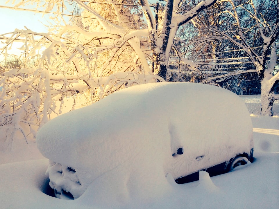 Vollständig vom Schnee bedecktes Auto. Sonnenlicht durch schneebedecke Äste scheinend
