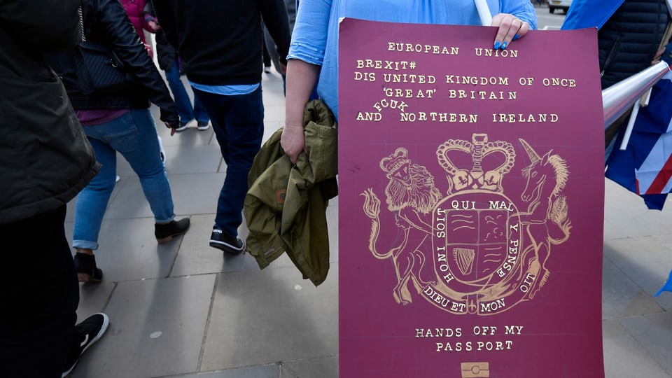 Frau hält Plakat, der aussieht wie ein bordeauxroter Pass. Darauf steht: Hands off my Passport.