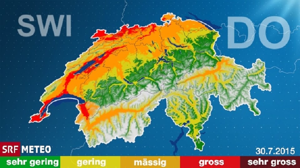 Eine Karte, welche vor allem im Mittelland ein mässige bis grosse Waldbrandgefahr zeigt.