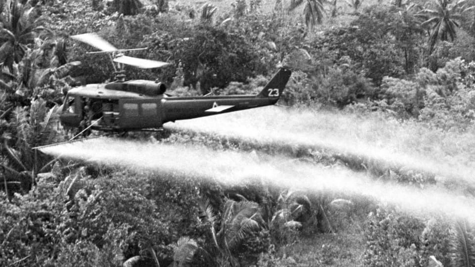 Schwarz-weiss Bild eines Helikopters, der Gift über Regenwald versprüht