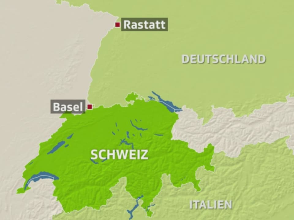 Karte Schweiz Deutschland mit den Orten Basel und Rastatt.