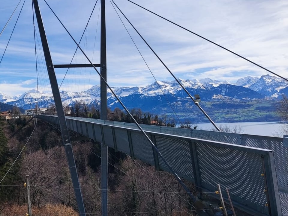 Stahlhängebrücke mit Eiger, Mönch und Jungfrau und Thunersee im Hintergrund.