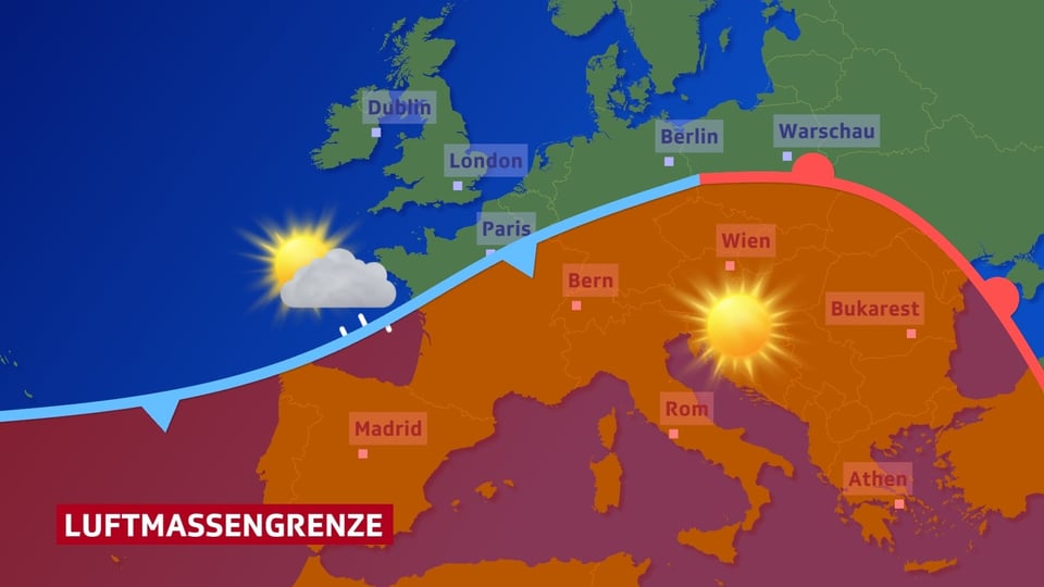 Farbflächen stellen unterschiedliche Luftmassen auf der Europakarte dar. An der Grenze - Übergangszone -  wird Niederschlag produziert. Dort ist ein Regensymbol eingetragen.