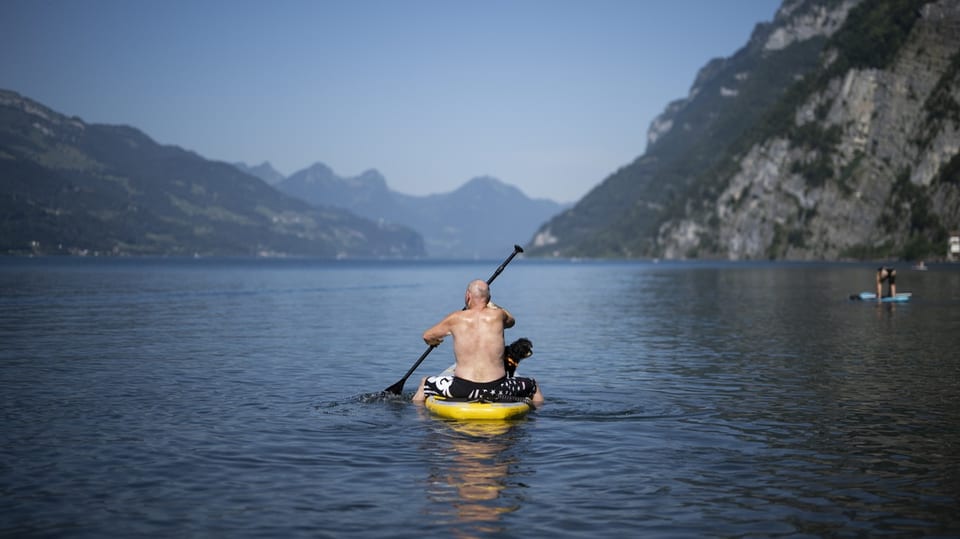 Mann auf dem Walensee, mit Hund und Stand-Up-Paddel