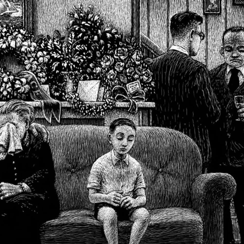 Schwarzweisse Comiczeichnung: Ein trauriger Junge sitzt an einer Beerdigung auf einem Sofa neben einer weinenden Frau