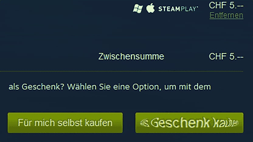 Zwei Buttons auf Steam, «für mich selbst kaufen» und «als Geschenk kaufen». Letzterer pulsiert.
